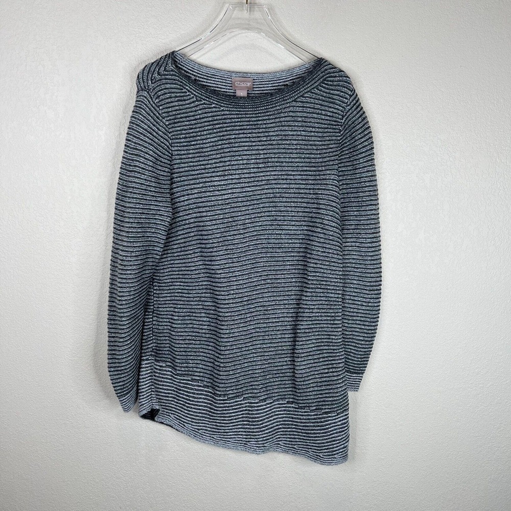 Chico's Tunic Sweater Colorblock Asymmetrical Grey Bateau Neck Rib Womens Size 1